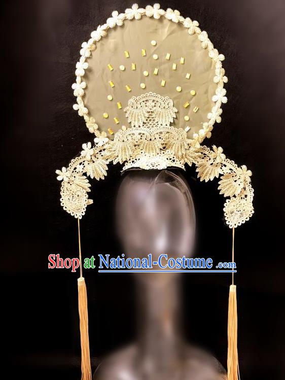 Top Grade Catwalks Golden Lace Flowers Hair Accessories Exaggerated Chinese Traditional Headdress Modern Fancywork Headwear