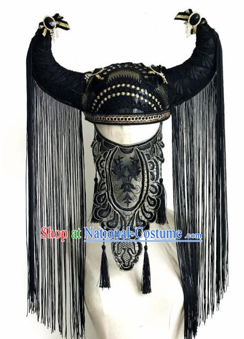 Top Grade Catwalks Hair Accessories Exaggerated Black Tassel Ox Horn Hats Modern Fancywork Headwear