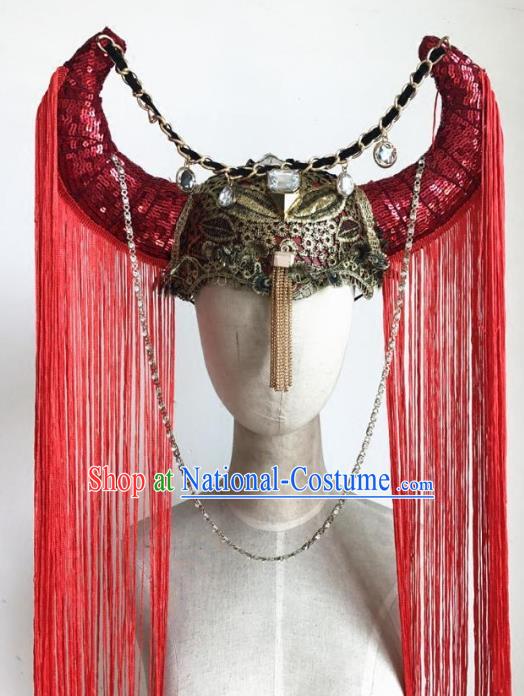 Top Grade Catwalks Hair Accessories Exaggerated Red Tassel Ox Horn Hats Modern Fancywork Headwear