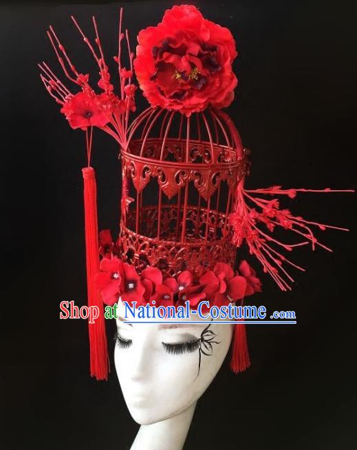 Top Grade Catwalks Hair Accessories Exaggerated Chinese Red Birdcage Hair Clasp Modern Fancywork Headwear