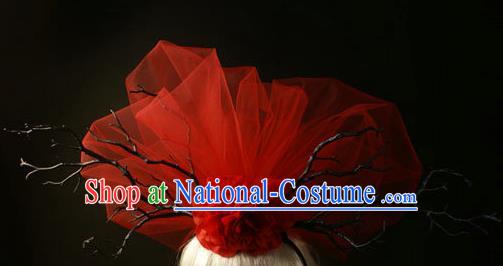 Top Grade Christmas Catwalks Hair Accessories Halloween Stage Performance Red Veil Hair Clasp Modern Fancywork Headwear