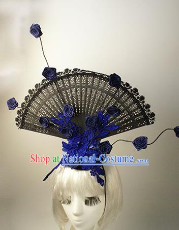 Top Grade Catwalks Chinese Traditional Hair Accessories Halloween Modern Fancywork Blue Lace Flowers Headwear