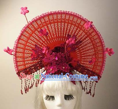 Top Grade Catwalks Chinese Traditional Hair Accessories Halloween Modern Fancywork Red Lace Flowers Headwear