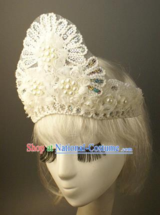 Top Grade Catwalks Hair Accessories White Lace Pearls Royal Crown Halloween Modern Fancywork Headwear