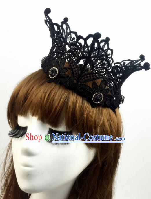 Top Grade Catwalks Hair Accessories Exaggerated Black Lace Royal Crown Halloween Modern Fancywork Headwear