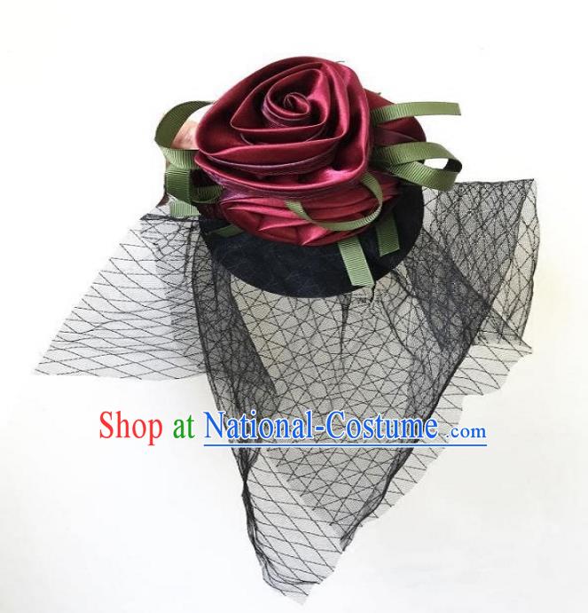 Top Grade Catwalks Hair Accessories Exaggerated Wine Red Rose Top Hat Halloween Modern Fancywork Wedding Headwear