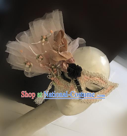 Halloween Venice Exaggerated Pink Veil Feather Face Mask Fancy Ball Props Catwalks Accessories Christmas Masks