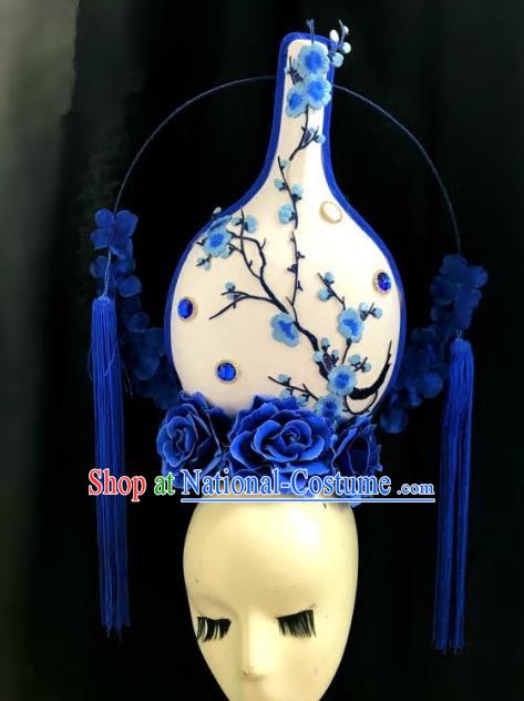 Top Grade Chinese Catwalks Hair Accessories Blue Flowers Headdress Exaggerated Halloween Modern Fancywork Headwear