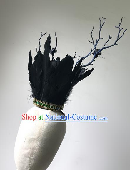 Top Grade Catwalks Gothic Hair Accessories Exaggerated Black Feather Headdress Halloween Modern Fancywork Headwear