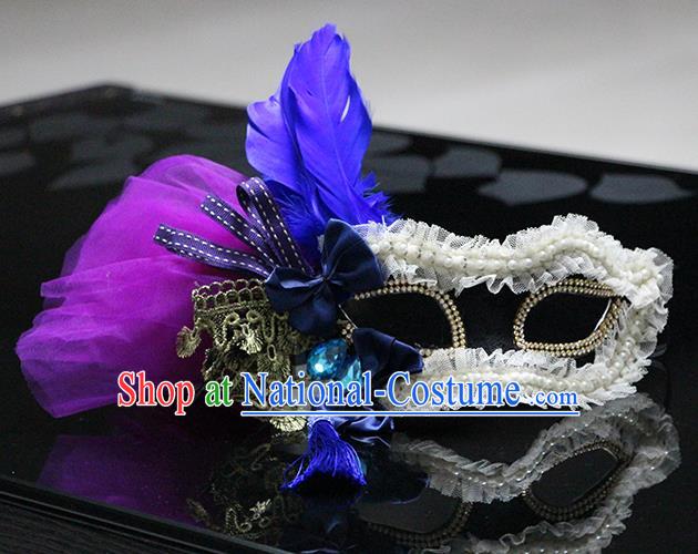 Halloween Catwalks Venice Blue Feather Face Mask Fancy Ball Props Accessories Christmas Exaggerated Masks