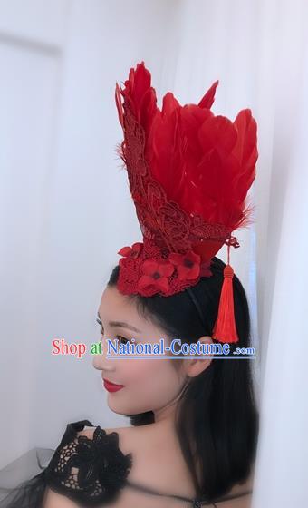 Top Grade Catwalks Hair Accessories Exaggerated Baroque Red Feather Hair Clasp Modern Fancywork Headwear