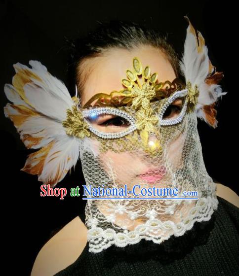 Halloween Handmade White Feather Face Mask Fancy Ball Catwalks Masks Christmas Exaggerated Feather Masks