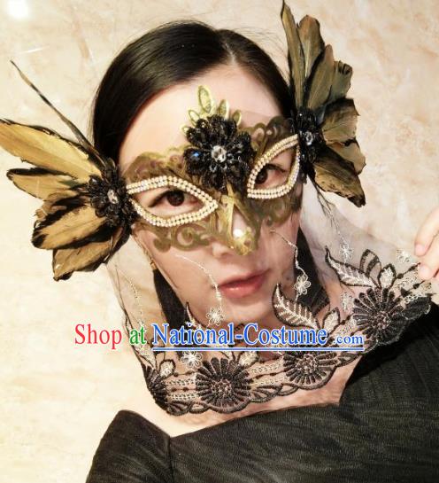 Halloween Handmade Golden Feather Face Mask Fancy Ball Catwalks Masks Christmas Exaggerated Feather Masks