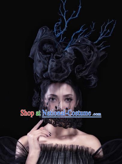 Top Grade Catwalks Gothic Hair Accessories Exaggerated Black Veil Hair Clasp Modern Fancywork Headwear