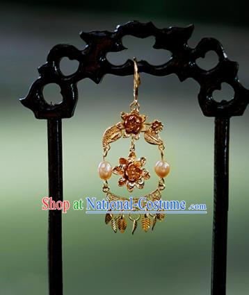 China Ancient Palace Accessories Golden Earrings Chinese Traditional Jewelry Hanfu Eardrop for Women