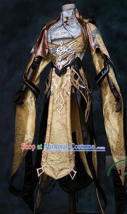 China Ancient Cosplay Female General Knight-errant Golden Costumes Chinese Traditional Swordsman Clothing for Women