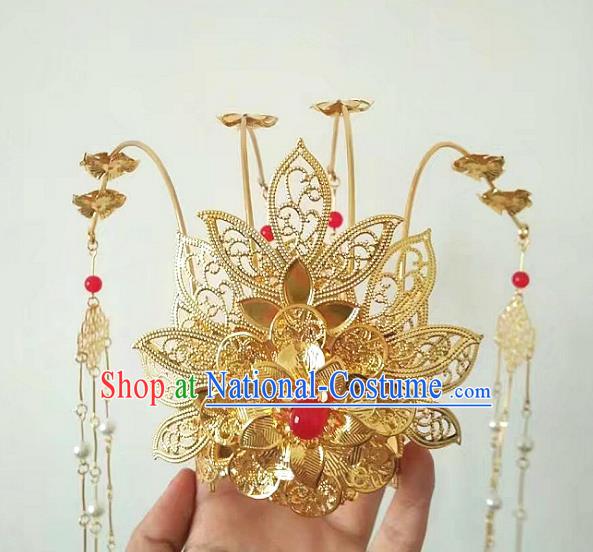 China Ancient Hair Accessories Chinese Traditional Golden Phoenix Coronet Tassel Hairpins for Women