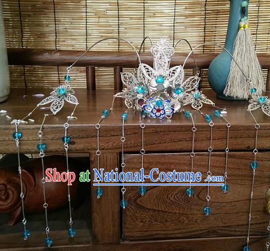 China Ancient Hair Accessories Hanfu Blue Beads Tassel Phoenix Coronet Chinese Traditional Hairpins for Women