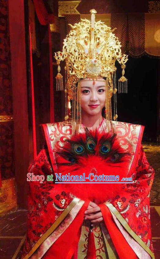 Chinese Ancient Queen Wedding Hanfu Dress Northern Zhou Dynasty Empress Embroidered Historical Costume and Headpiece Complete Set