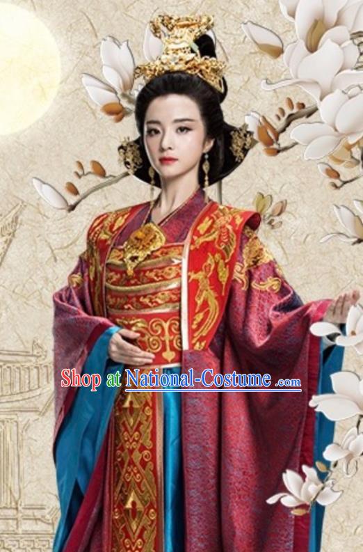 Chinese Ancient Queen Mother Hanfu Dress Northern Zhou Dynasty Empress Dowager Historical Costume and Headpiece Complete Set