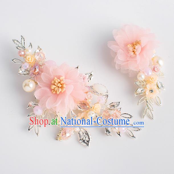 Chinese Ancient Bride Hair Accessories Xiuhe Suit Hairpins Pink Silk Flower Hair Sticks for Women