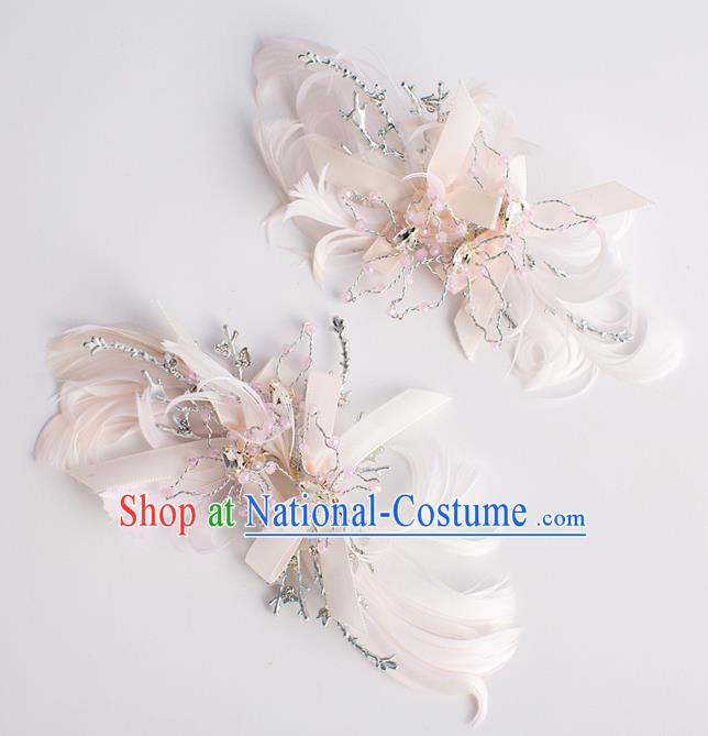 Chinese Ancient Bride Hair Accessories Xiuhe Suit Hairpins Pink Feather Hair Claws for Women