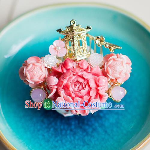 Chinese Traditional Palace Hair Accessories Xiuhe Suit Pink Peony Hair Comb Ancient Hairpins for Women