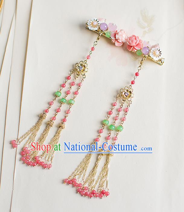 Chinese Traditional Palace Hair Accessories Xiuhe Suit Pink Beads Tassel Hair Claws Ancient Hairpins for Women