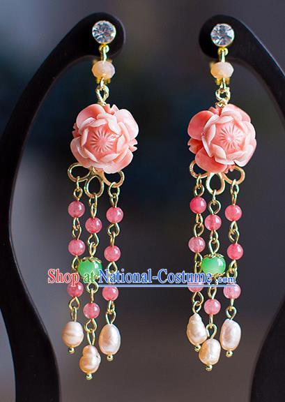 Chinese Ancient Bride Classical Accessories Pink Peony Earrings Wedding Jewelry Hanfu Eardrop for Women