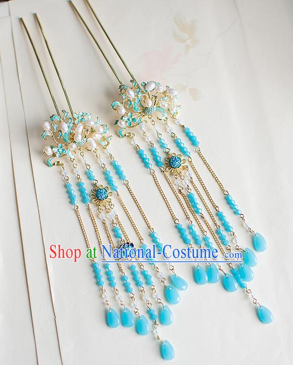 Chinese Traditional Palace Hair Accessories Xiuhe Suit Blue Tassel Hair Clips Ancient Hairpins for Women