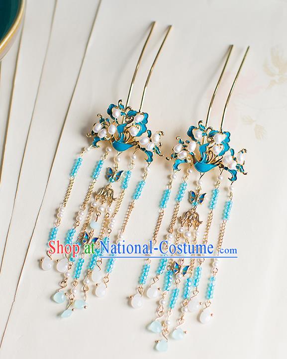 Chinese Traditional Palace Hair Accessories Xiuhe Suit Blueing Phoenix Hair Clips Ancient Hairpins for Women