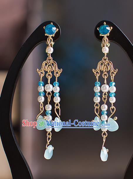 Chinese Ancient Bride Classical Accessories Earrings Wedding Jewelry Hanfu Blue Eardrop for Women