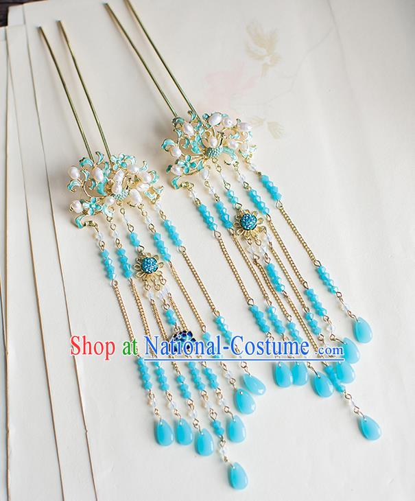 Chinese Traditional Palace Hair Accessories Xiuhe Suit Blueing Lotus Pearls Hair Clips Ancient Hairpins for Women