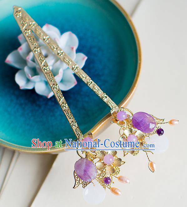 Chinese Traditional Palace Hair Accessories Xiuhe Suit Purple Jade Hair Clips Ancient Hairpins for Women