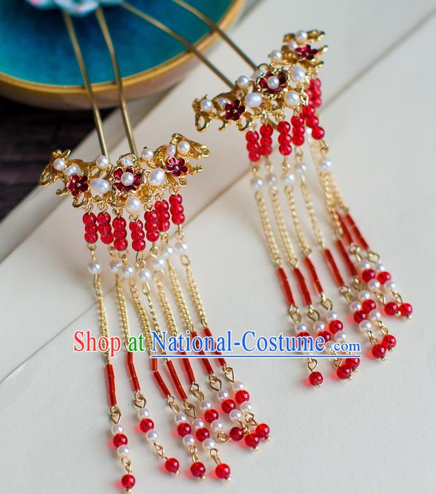 Chinese Traditional Palace Hair Accessories Xiuhe Suit Red Tassel Hair Clips Ancient Hairpins for Women