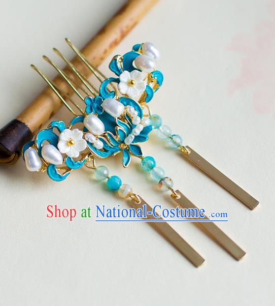 Chinese Traditional Palace Hair Accessories Xiuhe Suit Blue Lotus Hair Comb Ancient Hairpins for Women