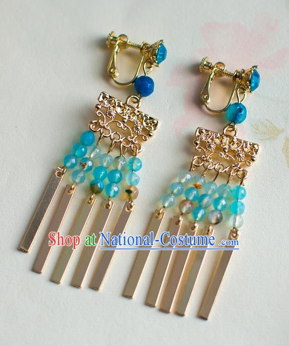 Chinese Ancient Bride Classical Accessories Earrings Wedding Jewelry Hanfu Blue Beads Tassel Eardrop for Women