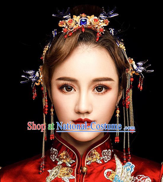 Chinese Traditional Wedding Hair Accessories Ancient Bride Tassel Hairpins Xiuhe Suit Phoenix Coronet Headwear for Women