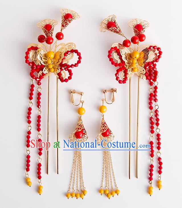 Chinese Traditional Wedding Hair Accessories Ancient Bride Red Beads Tassel Hairpins Headwear for Women