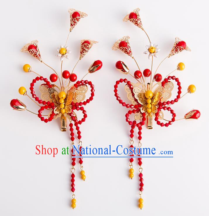 Chinese Traditional Wedding Hair Accessories Ancient Bride Red Beads Butterfly Hair Claws Hairpins Headwear for Women