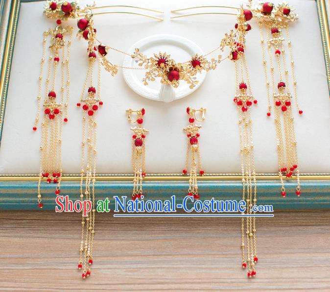 Chinese Traditional Wedding Hair Accessories Ancient Bride Red Phoenix Coronet Hairpins Headwear for Women