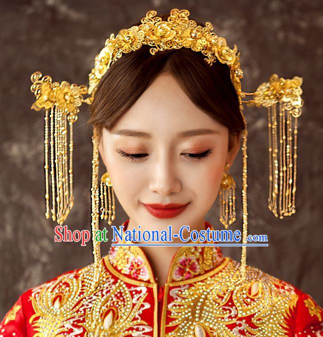 Chinese Traditional Wedding Hair Accessories Golden Phoenix Coronet Ancient Xiuhe Suit Bride Hairpins Step Shake for Women