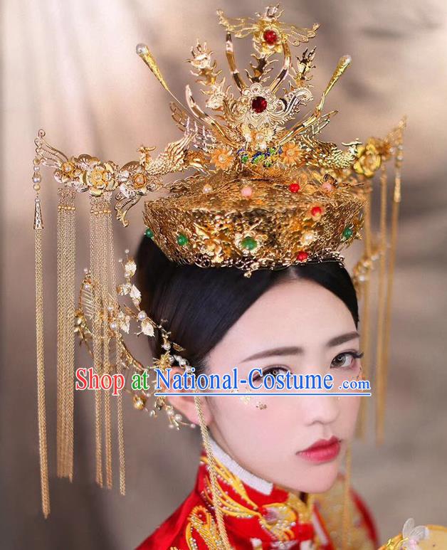 Chinese Traditional Wedding Hair Accessories Ancient Empress Phoenix Coronet Hairpins Step Shake for Women