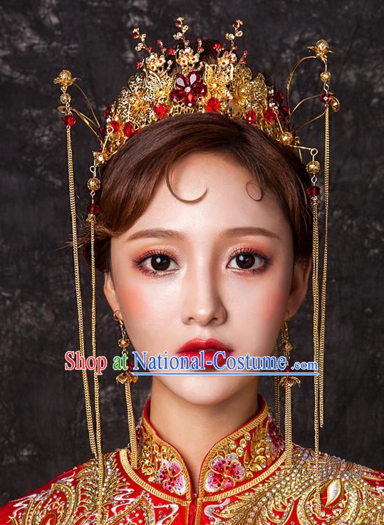 Chinese Traditional Wedding Hair Accessories Tassel Phoenix Coronet Ancient Xiuhe Suit Bride Hairpins Complete Set for Women