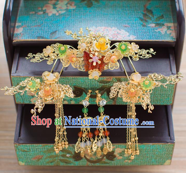 Chinese Traditional Palace Hair Accessories Wedding Hair Comb Ancient Xiuhe Suit Hairpins Complete Set for Women