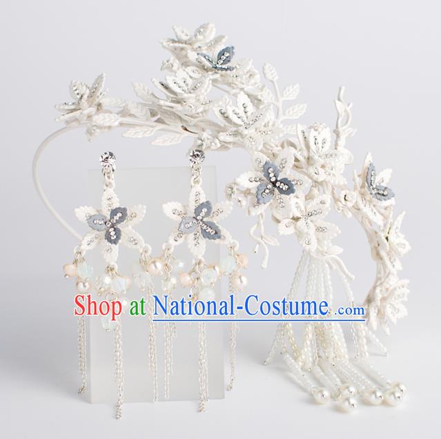 Bride Hair Accessories Wedding Flowers Tassel Hair Clasp and Earrings Headwear for Women