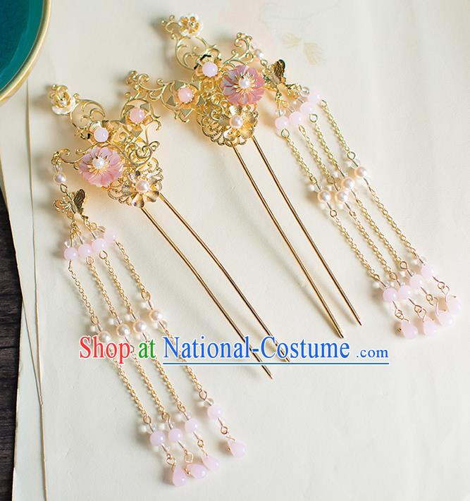 Chinese Traditional Palace Hair Accessories Golden Tassel Hair Clips Ancient Xiuhe Suit Hairpins for Women