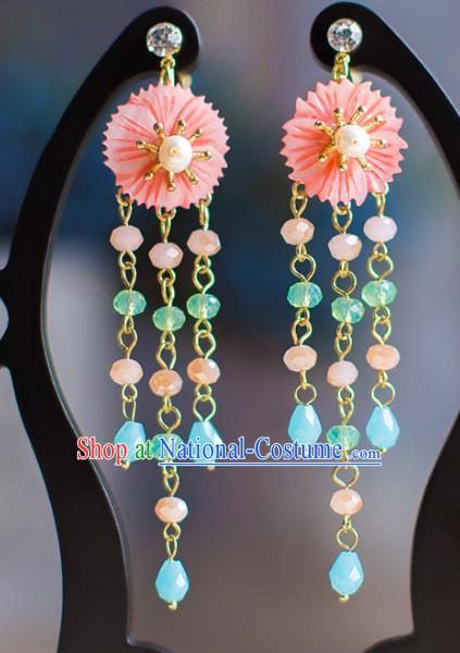 Chinese Ancient Bride Classical Accessories Pink Earrings Wedding Jewelry Hanfu Eardrop for Women