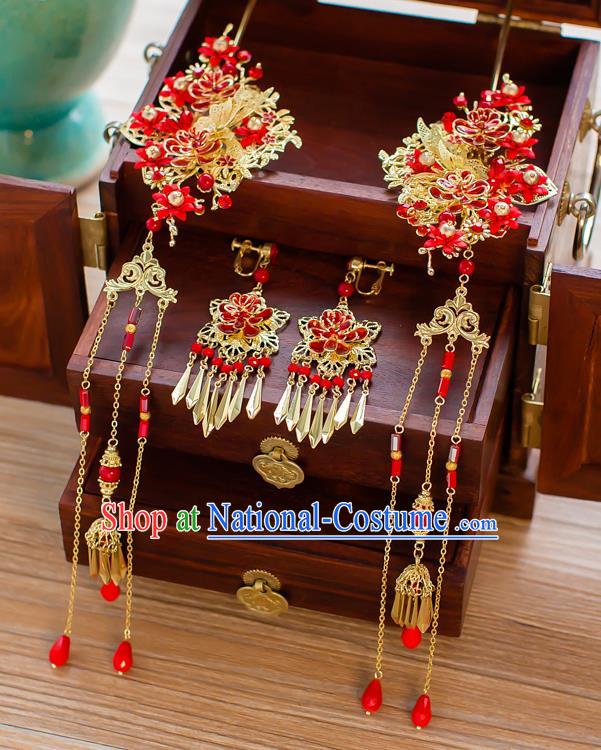 Chinese Traditional Palace Hair Accessories Xiuhe Suit Hair Clip Ancient Tassel Hairpins Complete Set for Women