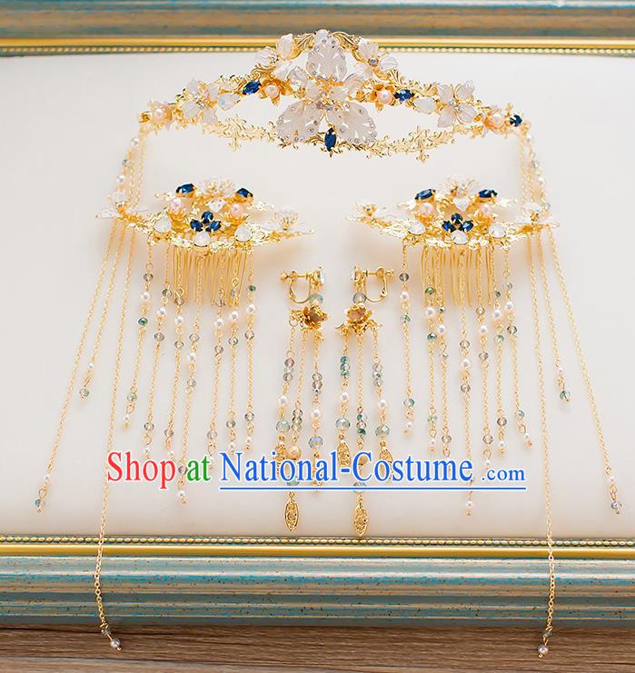 Chinese Traditional Palace Hair Accessories Xiuhe Suit Golden Phoenix Coronet Ancient Tassel Hairpins Complete Set for Women